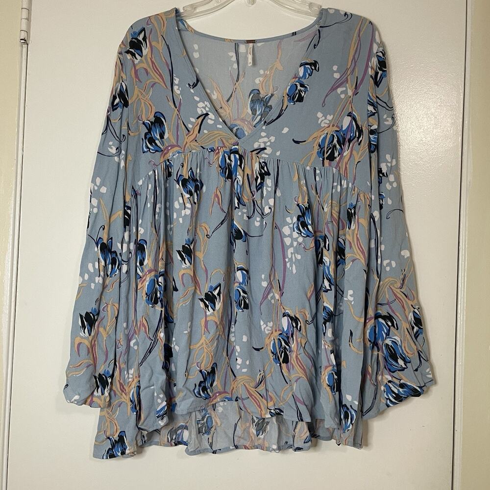 Free People Blue floral vneck boho bell sleeve tunic top size small